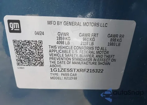 2024 Chevrolet Malibu Fwd 2Lt z USA, uszkodzony, nr VIN 1G1ZE5STXRF215322